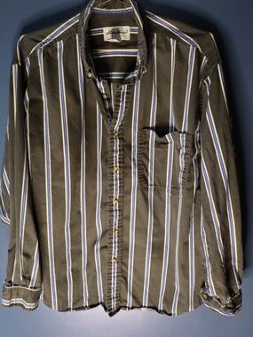 Eddie Bauer Olive Green Shirt with White, Yellow and Blue Vertical Stripes